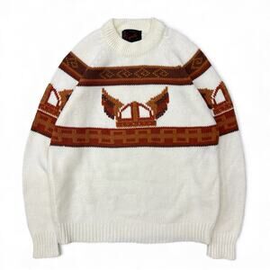 True Vintage 70s Sigallo Nordic Winged Viking Helmet Knit Sweater Cream Brown XL